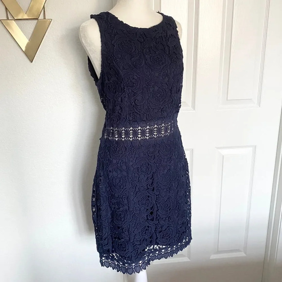 Mademoiselle Philip Marc Navy Blue Floral Lace Sleeveless Midriff Mini Dress - Picture 5 of 13
